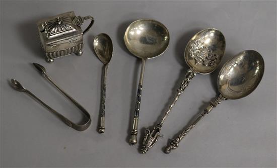 A small collection of silver to include two Russian white metal and niello spoons, a Dutch spoon with hinged handle, etc.